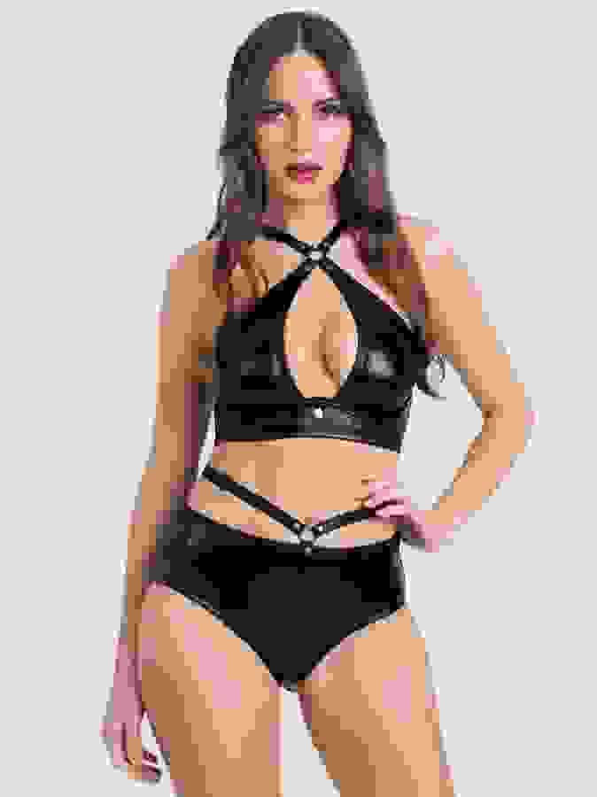 Fifty Shades of Grey Captivate Wet Look Crotchless Bra Set, Black, hi-res